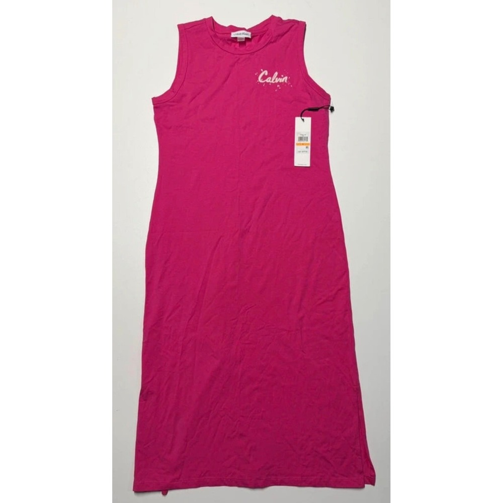 Calvin Klein Womens Sleeveless Midi Dress Hibiscus Pink Logo Size S